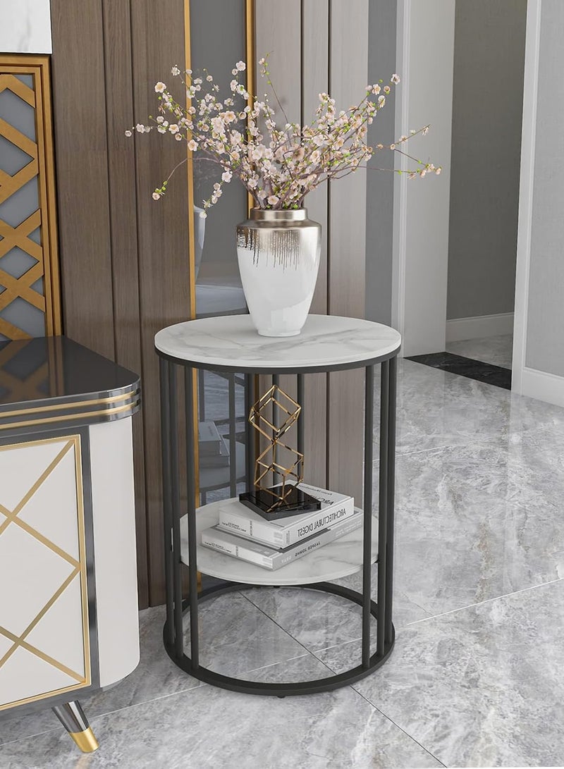 Mobellya Elegant Round Side Table with Marble Top and Lower Shelf - Image 1